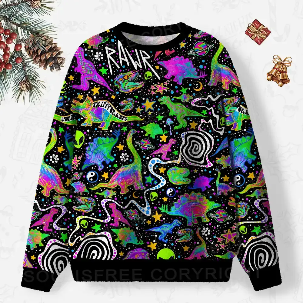 Cosmic Dino Trip Ugly Christmas Knit Sweatshirt