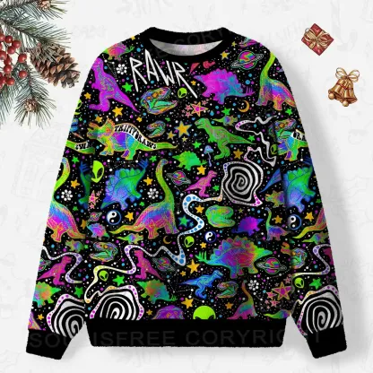Cosmic Dino Trip Ugly Christmas Knit Sweatshirt