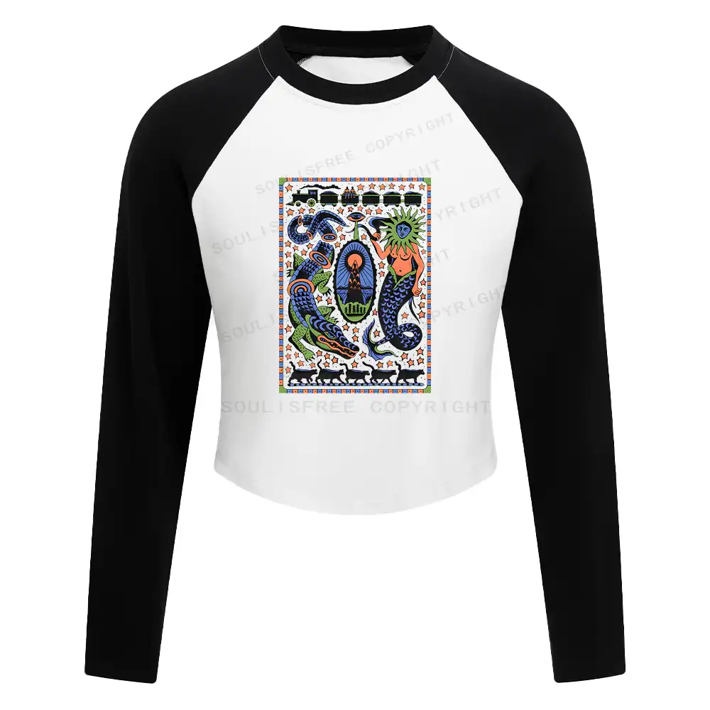 Mysterious Place Washed Cropped Sweatshirt Block Raglan Long Sleeve Crop Top