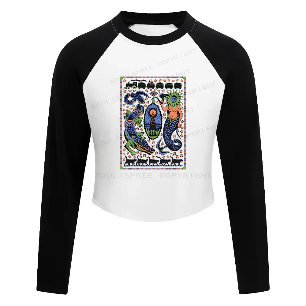 Mysterious Place Washed Cropped Sweatshirt Block Raglan Long Sleeve Crop Top
