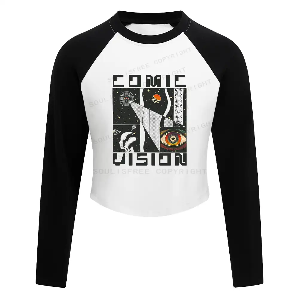 Comic Vision Washed Space T-shirt Block Raglan Long Sleeve Crop Top