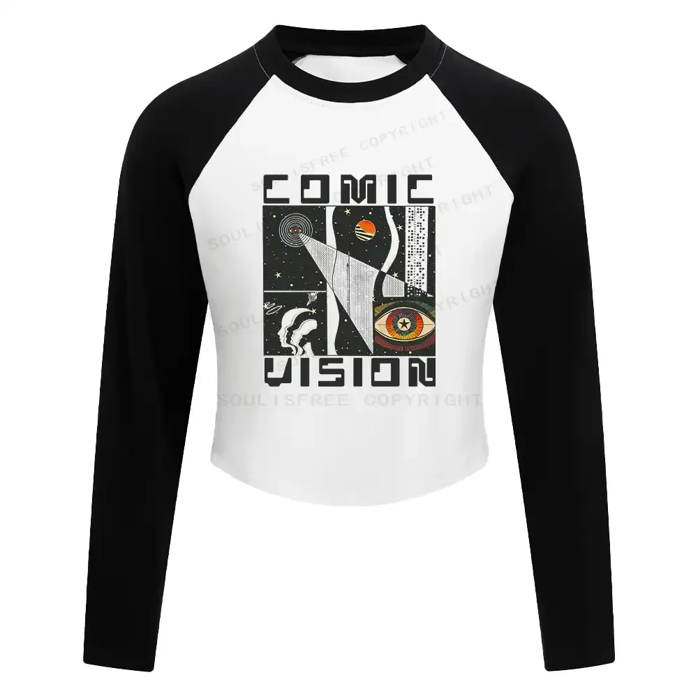 Comic Vision Washed Space T-shirt Block Raglan Long Sleeve Crop Top