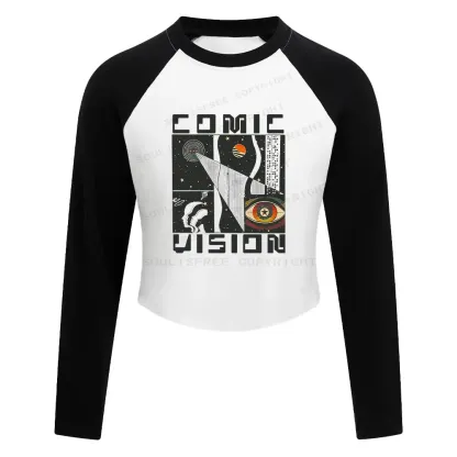 Comic Vision Washed Space T-shirt Block Raglan Long Sleeve Crop Top