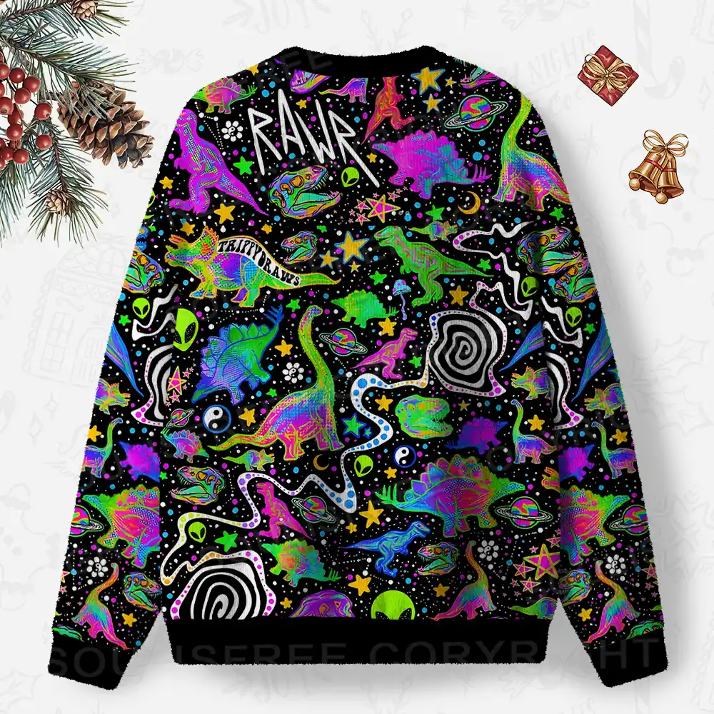 Cosmic Dino Trip Ugly Christmas Knit Sweatshirt