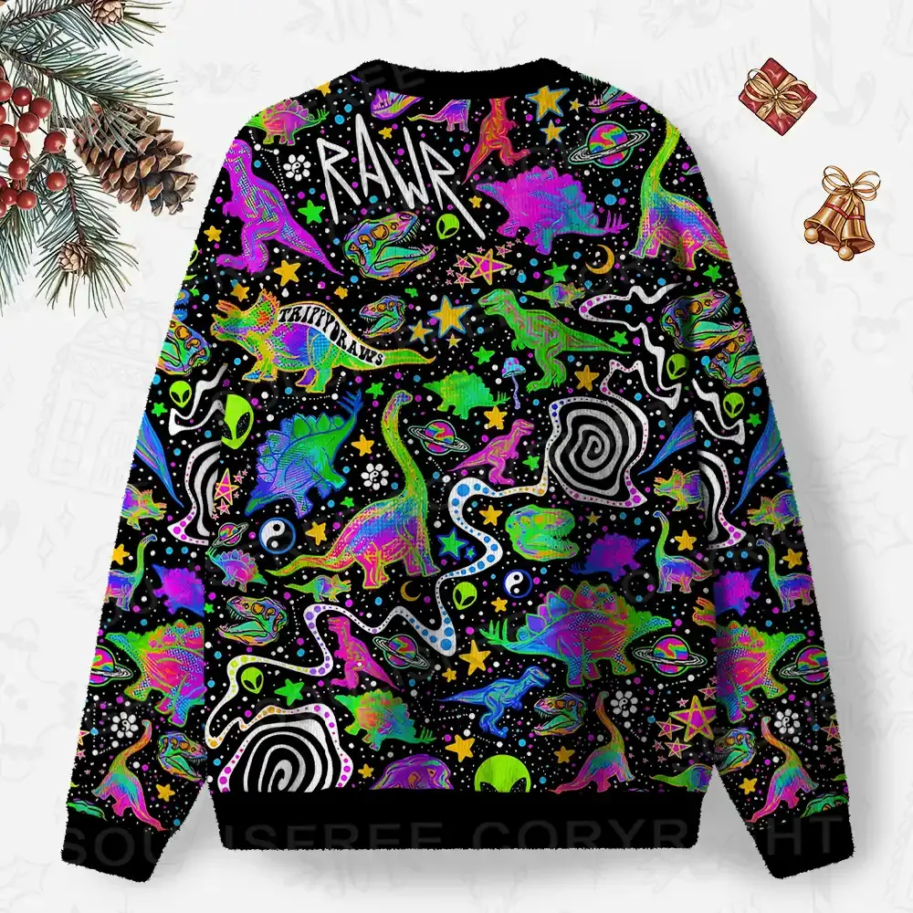 Cosmic Dino Trip Ugly Christmas Knit Sweatshirt