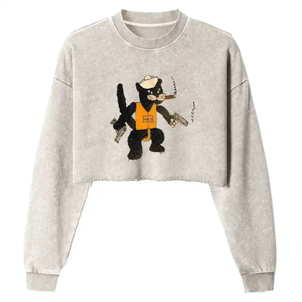 Black Cat Patrol Squadron Washed Cropped Sweatshirt