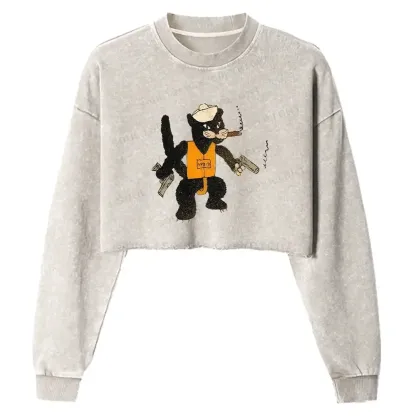 Black Cat Patrol Squadron Washed Cropped Sweatshirt