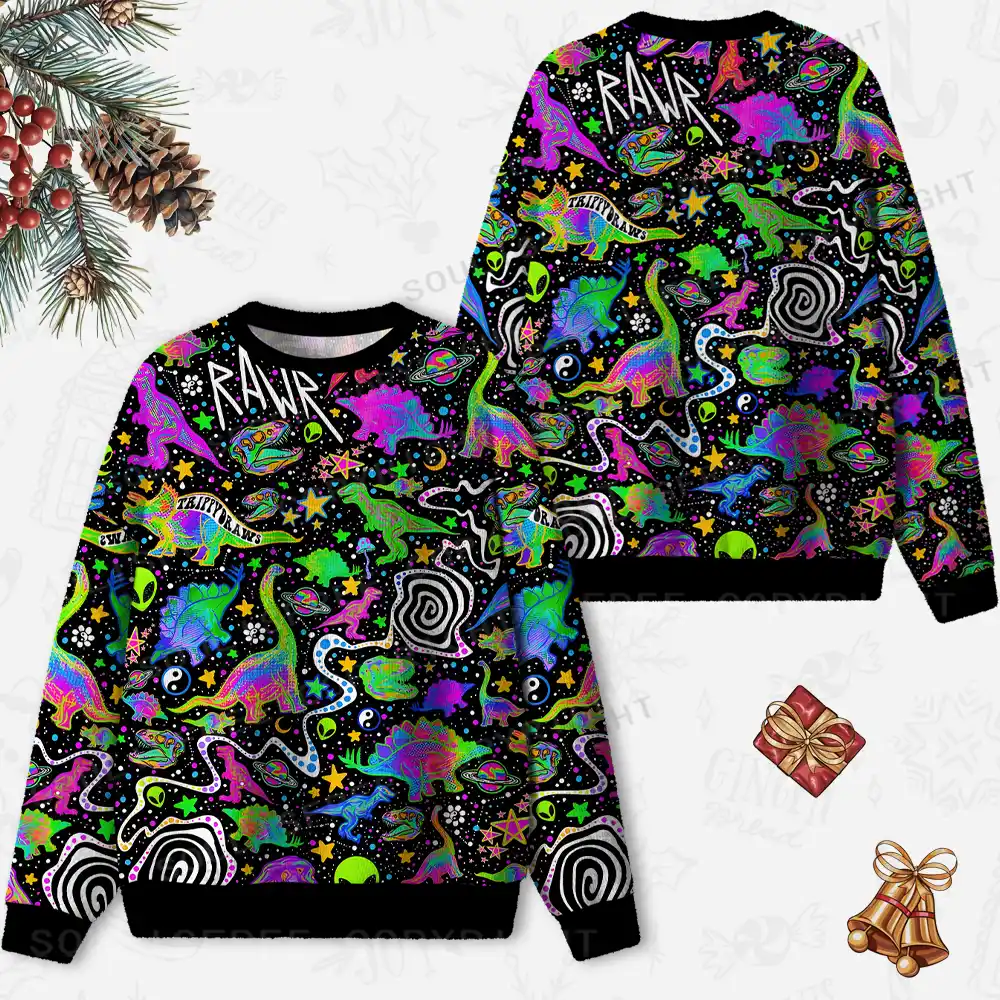 Cosmic Dino Trip Ugly Christmas Knit Sweatshirt