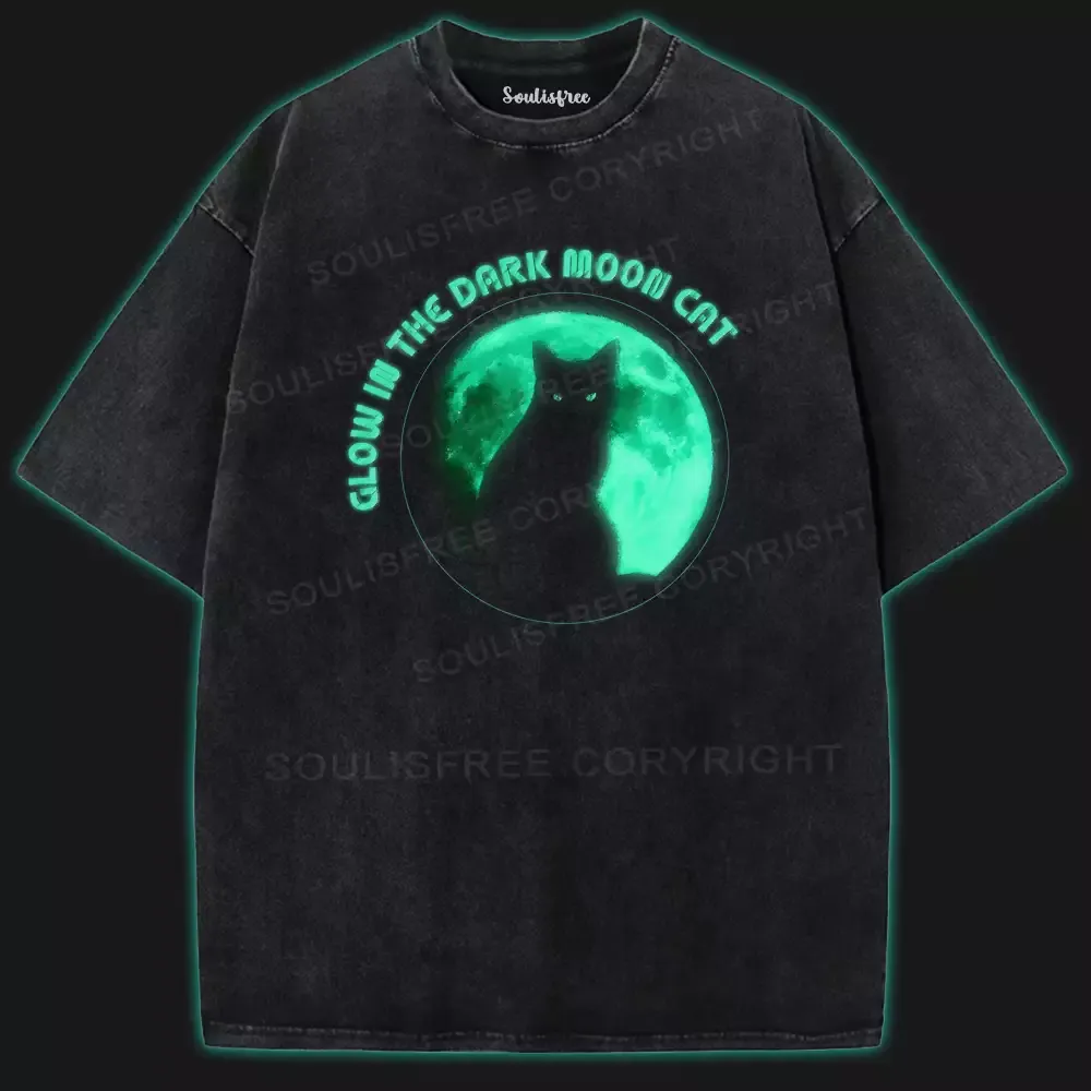 Designed GLOW IN THE DARK MOON CAT Washed Space T-shirt