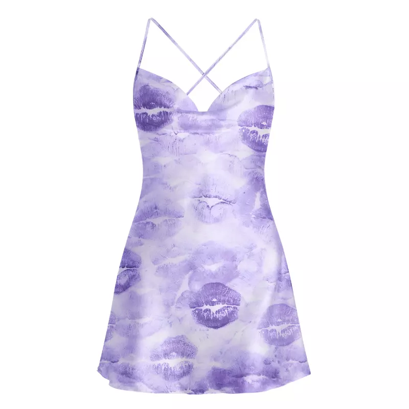 Soulisfree Lavender Lip Print Wash  Cowl Neck Satin Mini Dress