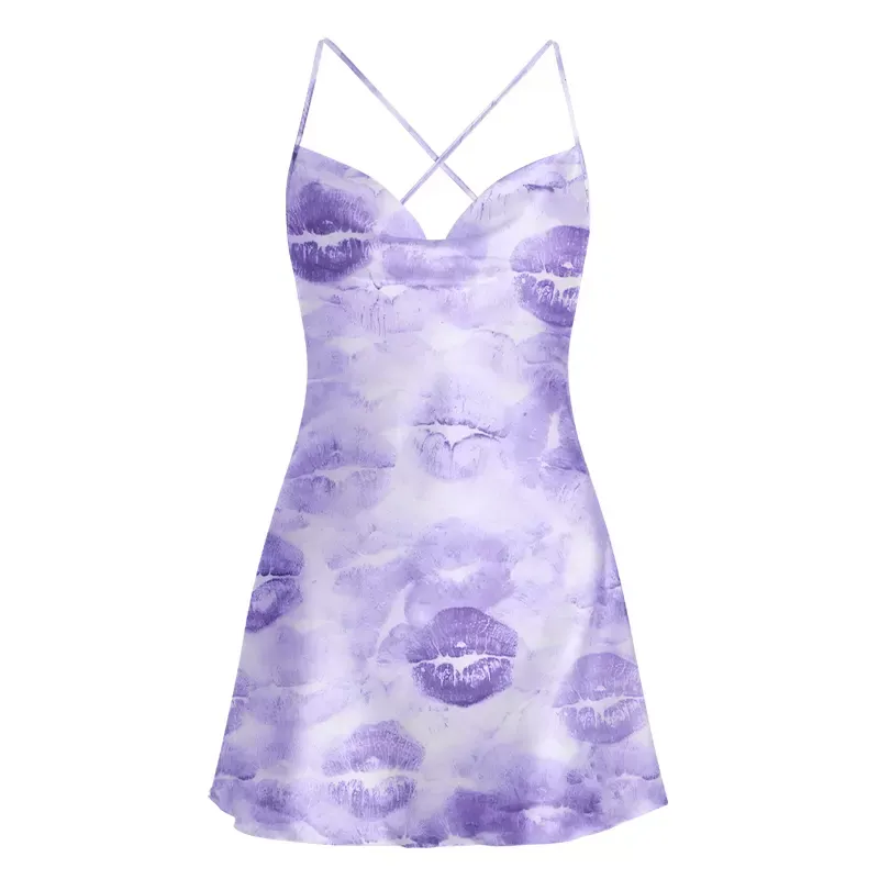Soulisfree Lavender Lip Print Wash Cowl Neck Satin Mini Dress