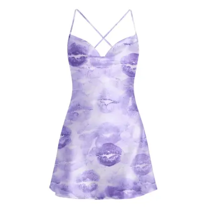 Soulisfree Lavender Lip Print Wash  Cowl Neck Satin Mini Dress