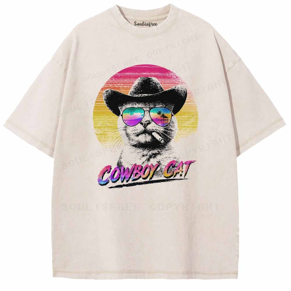 Soulisfree Funny Cowboy Cat Washed Tee