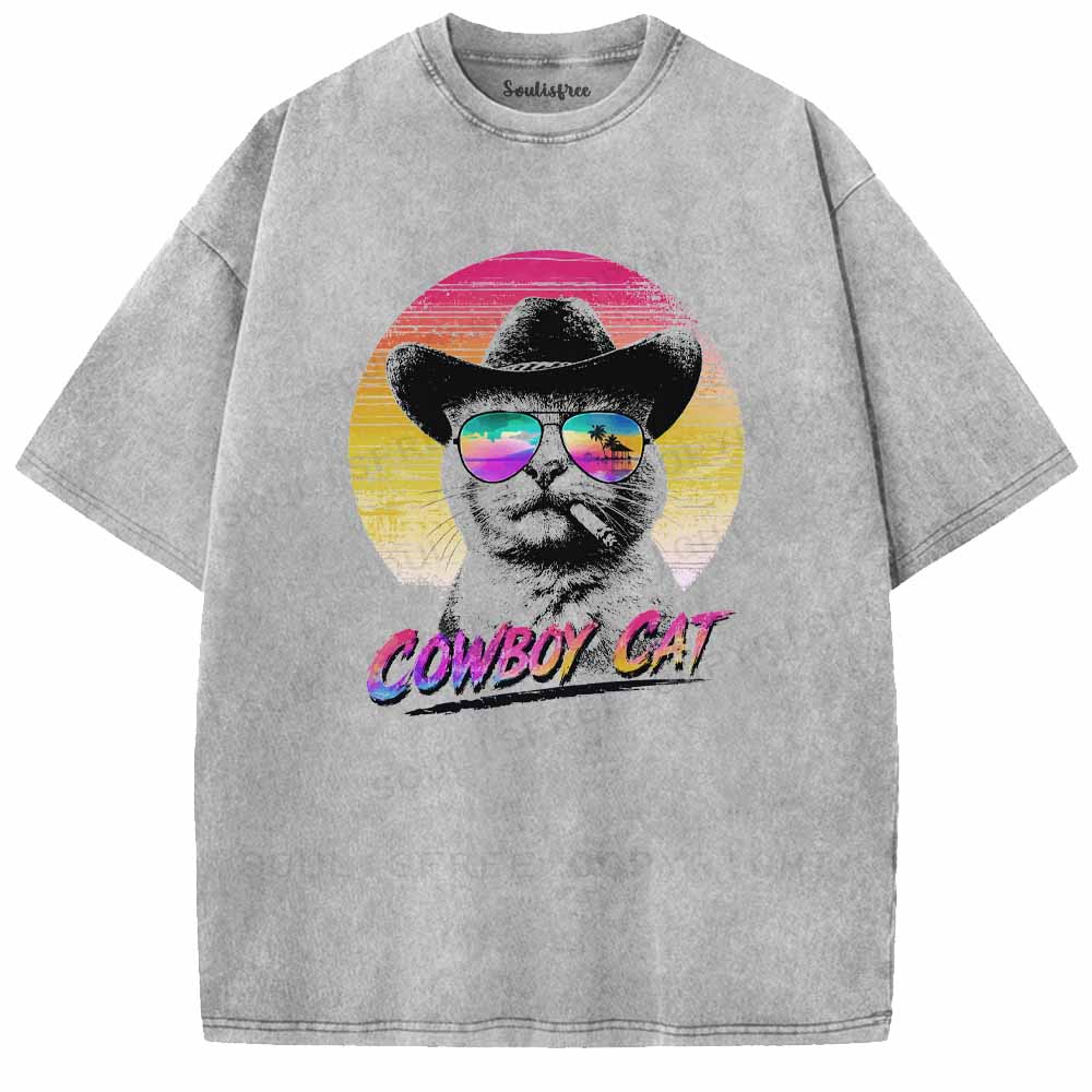Soulisfree Funny Cowboy Cat Washed Tee