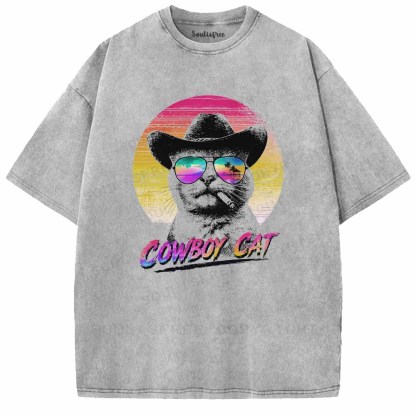 Soulisfree Funny Cowboy Cat Washed Tee