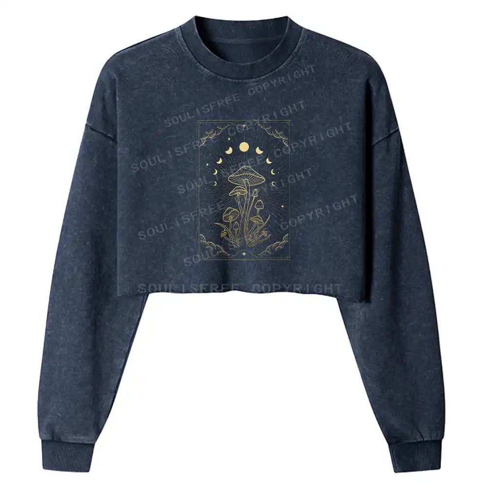 Lunar Phase Mushroom Washed Cropped Sweatshirt