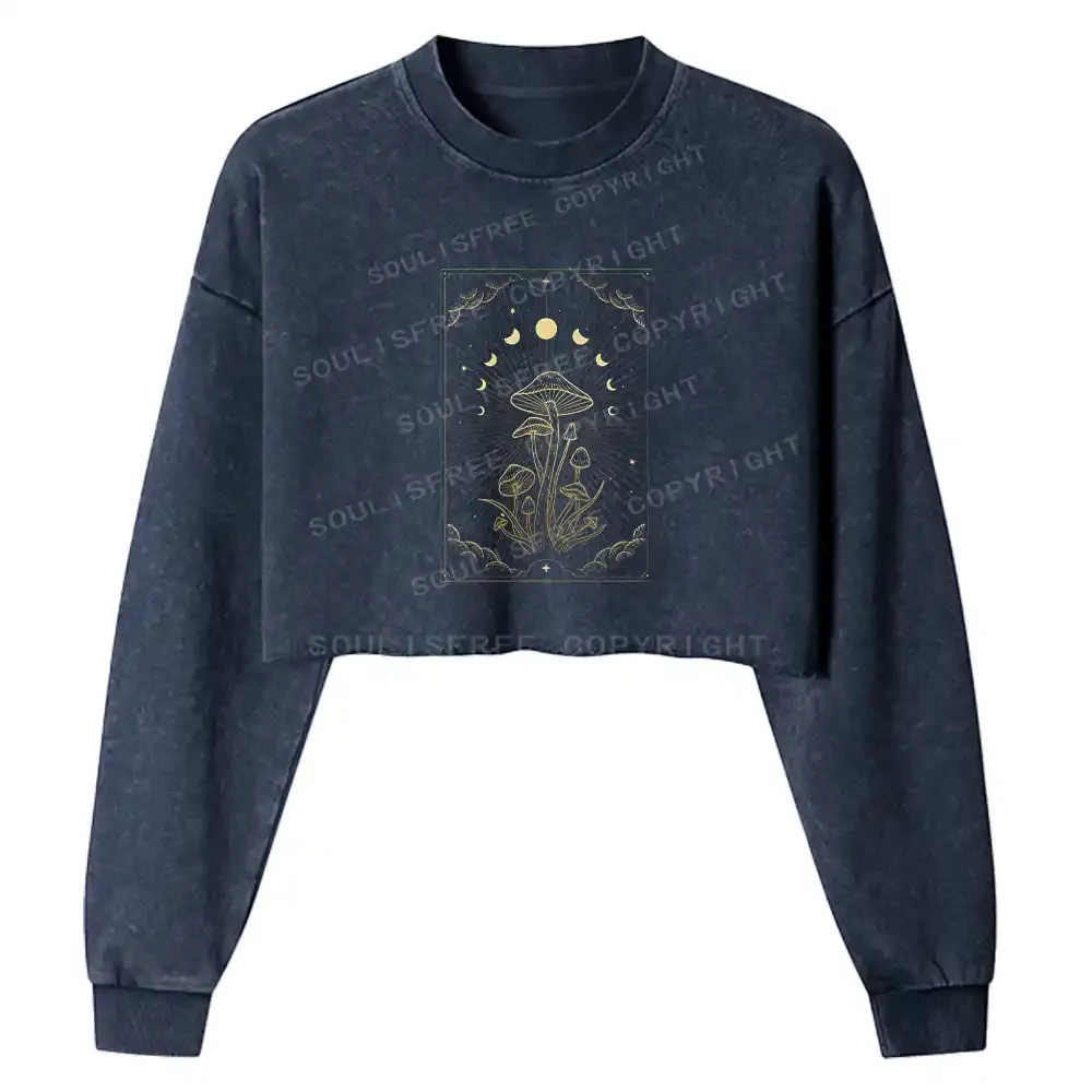 Lunar Phase Mushroom Washed Cropped Sweatshirt