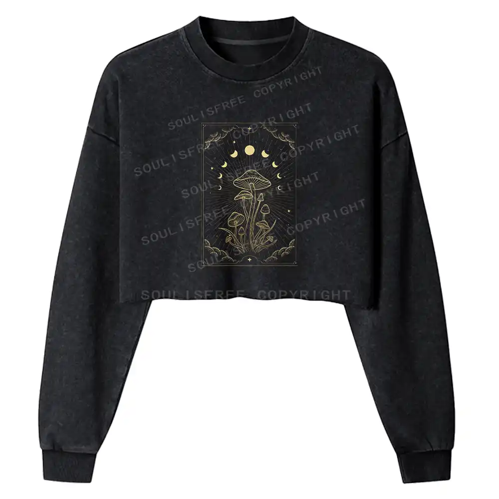 Lunar Phase Mushroom Washed Cropped Sweatshirt