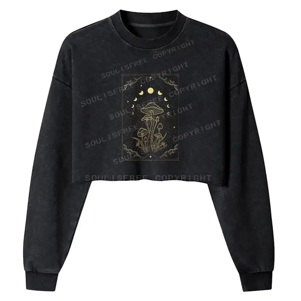 Lunar Phase Mushroom Washed Cropped Sweatshirt