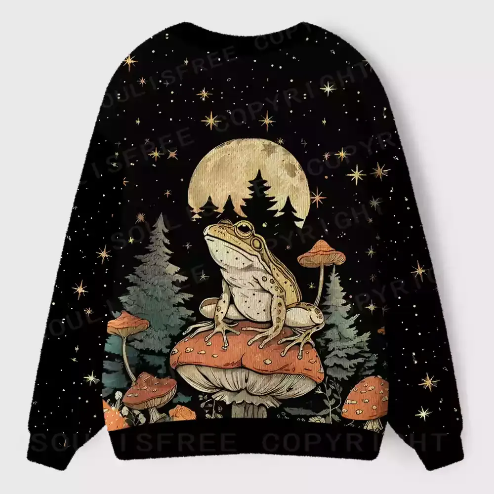 Frog on Mushroom Moonlit Night Ugly Cardigan Sweaters 