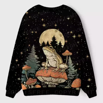 Frog on Mushroom Moonlit Night Ugly Cardigan Sweaters 