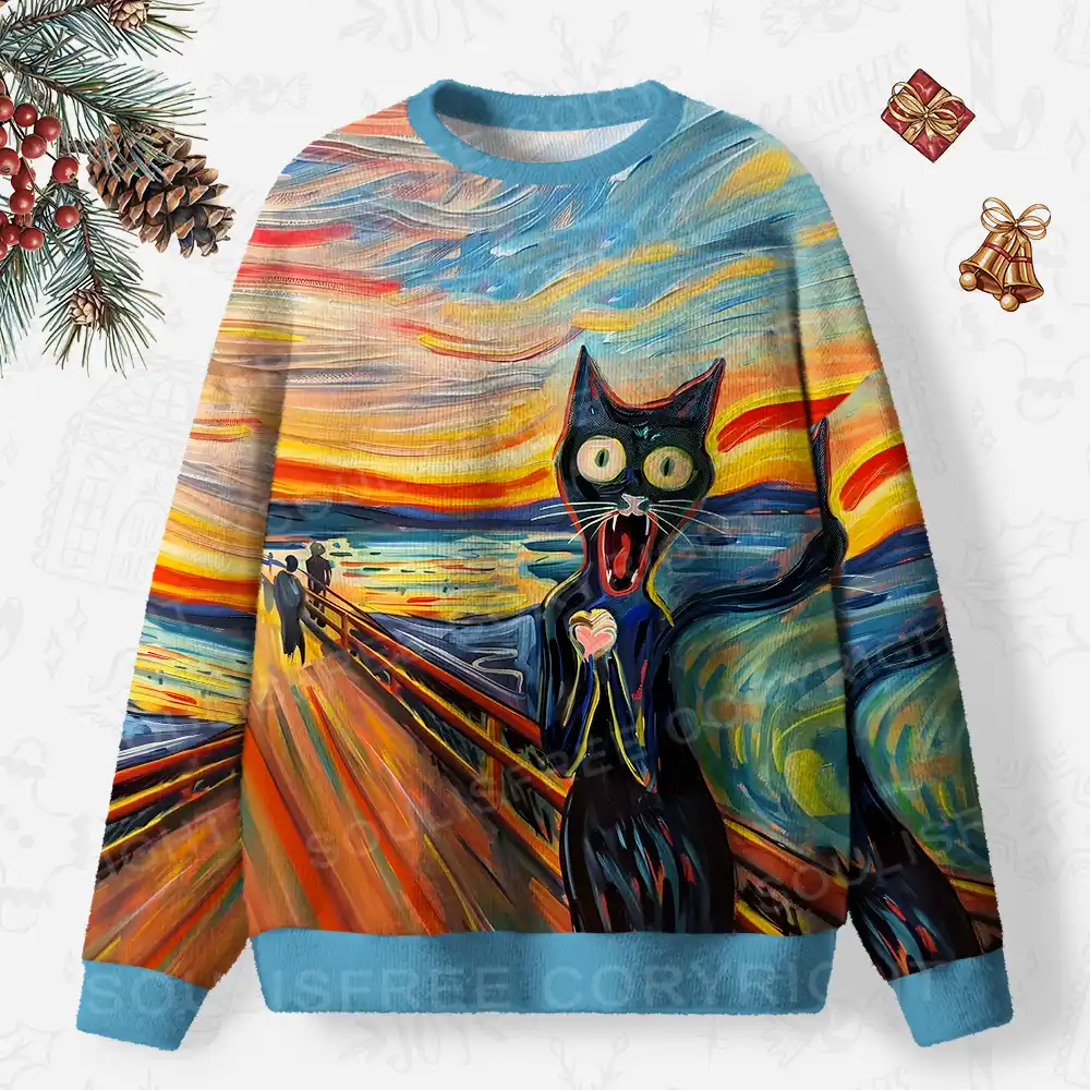 The Scream, Now with Cat-titude Ugly Christmas Knit Sweatshirt