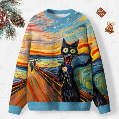 The Scream, Now with Cat-titude Ugly Christmas Knit Sweatshirt