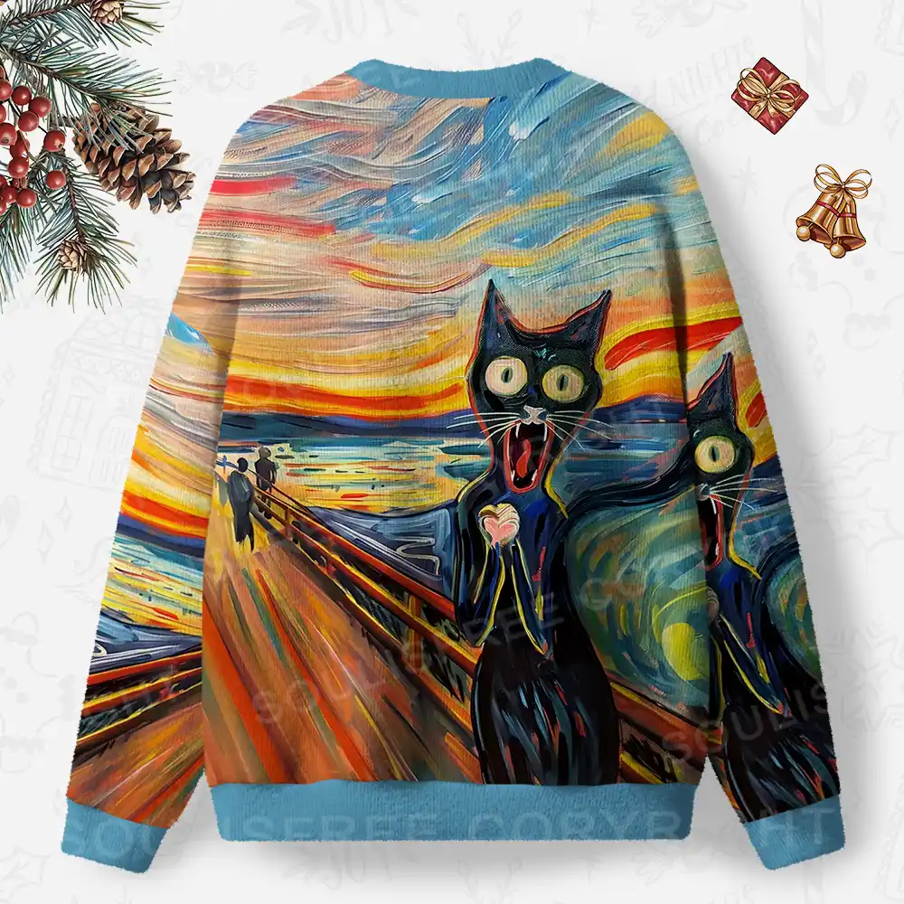 The Scream, Now with Cat-titude Ugly Christmas Knit Sweatshirt