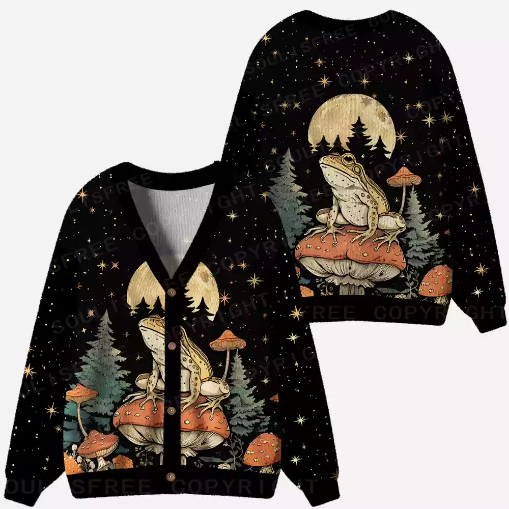Frog on Mushroom Moonlit Night Ugly Cardigan Sweaters 