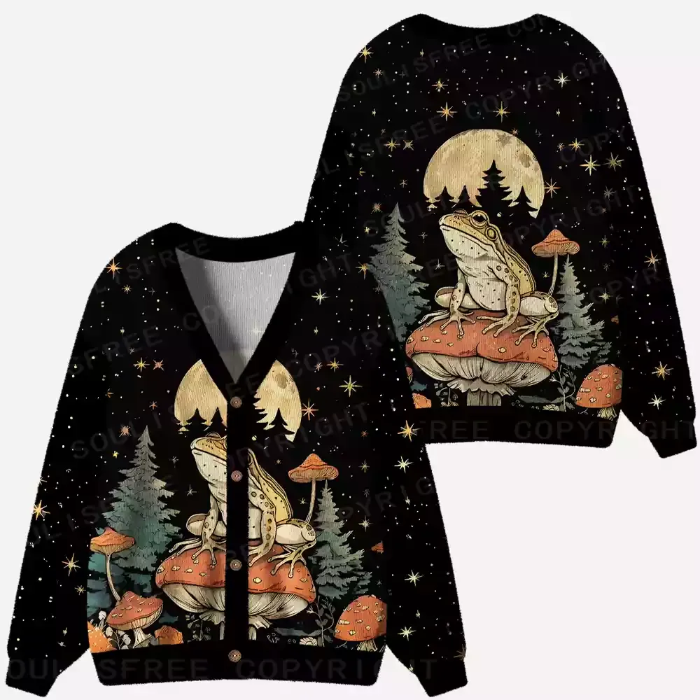 Frog on Mushroom Moonlit Night Ugly Cardigan Sweaters