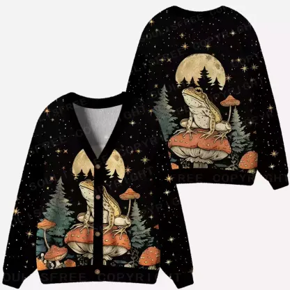 Frog on Mushroom Moonlit Night Ugly Cardigan Sweaters 
