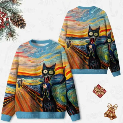 The Scream, Now with Cat-titude Ugly Christmas Knit Sweatshirt