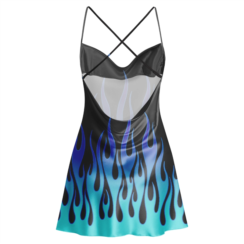 Soulisfree Ice Blue Flames Cowl Neck Satin Mini Dress