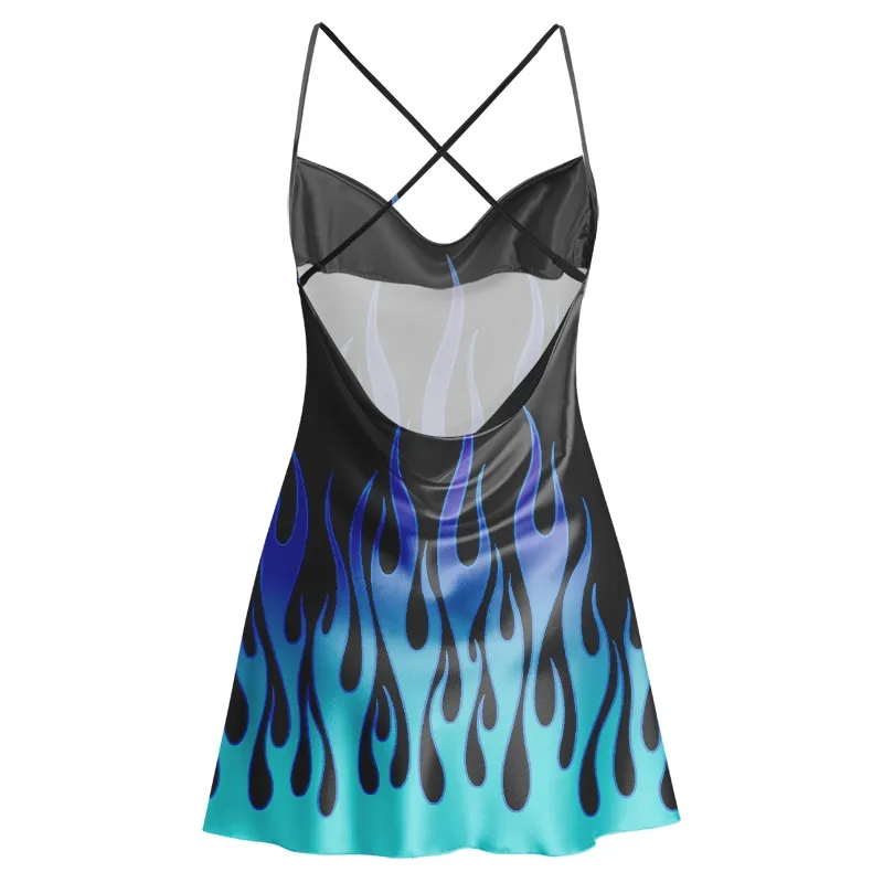 Soulisfree Ice Blue Flames Cowl Neck Satin Mini Dress