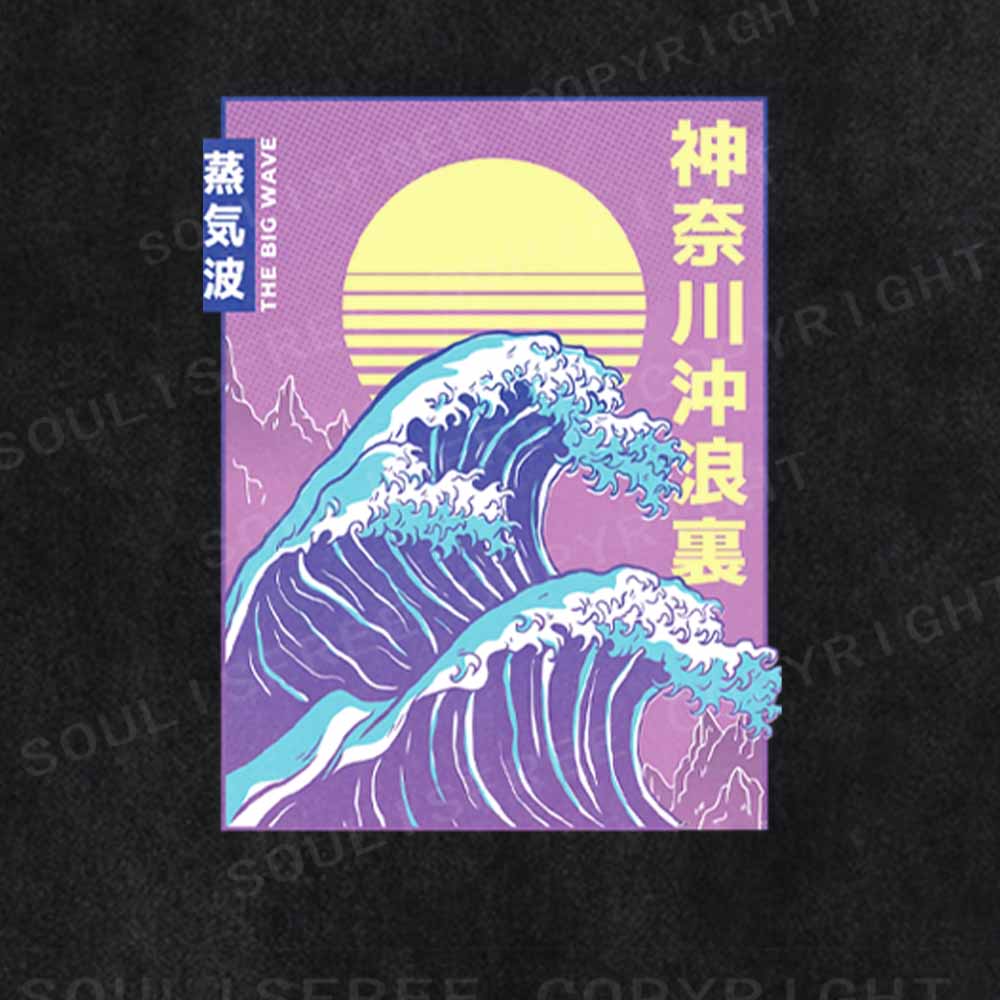 Soulisfree Retro Vaporwave Great Wave Washed Tee