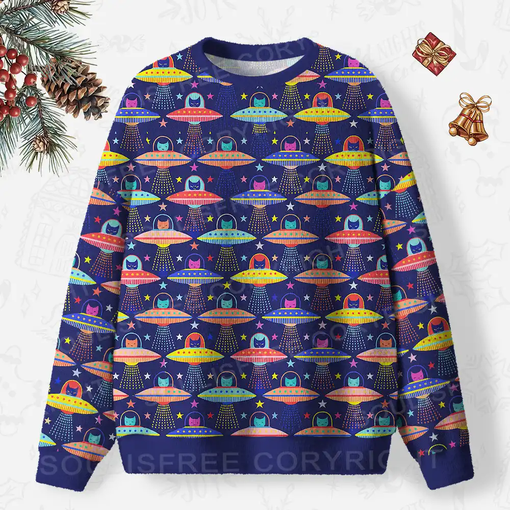 Galactic Kitty Abduction Ugly Christmas Knit Sweatshirt