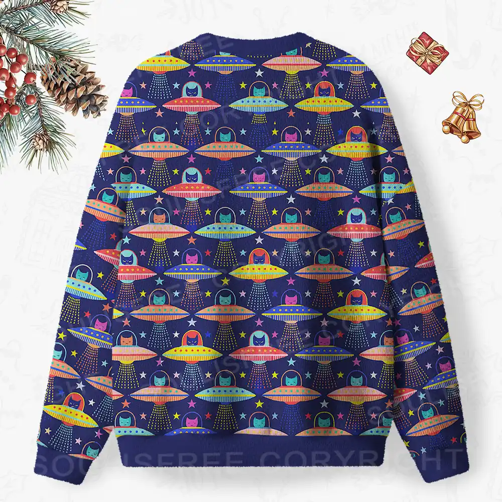 Galactic Kitty Abduction Ugly Christmas Knit Sweatshirt