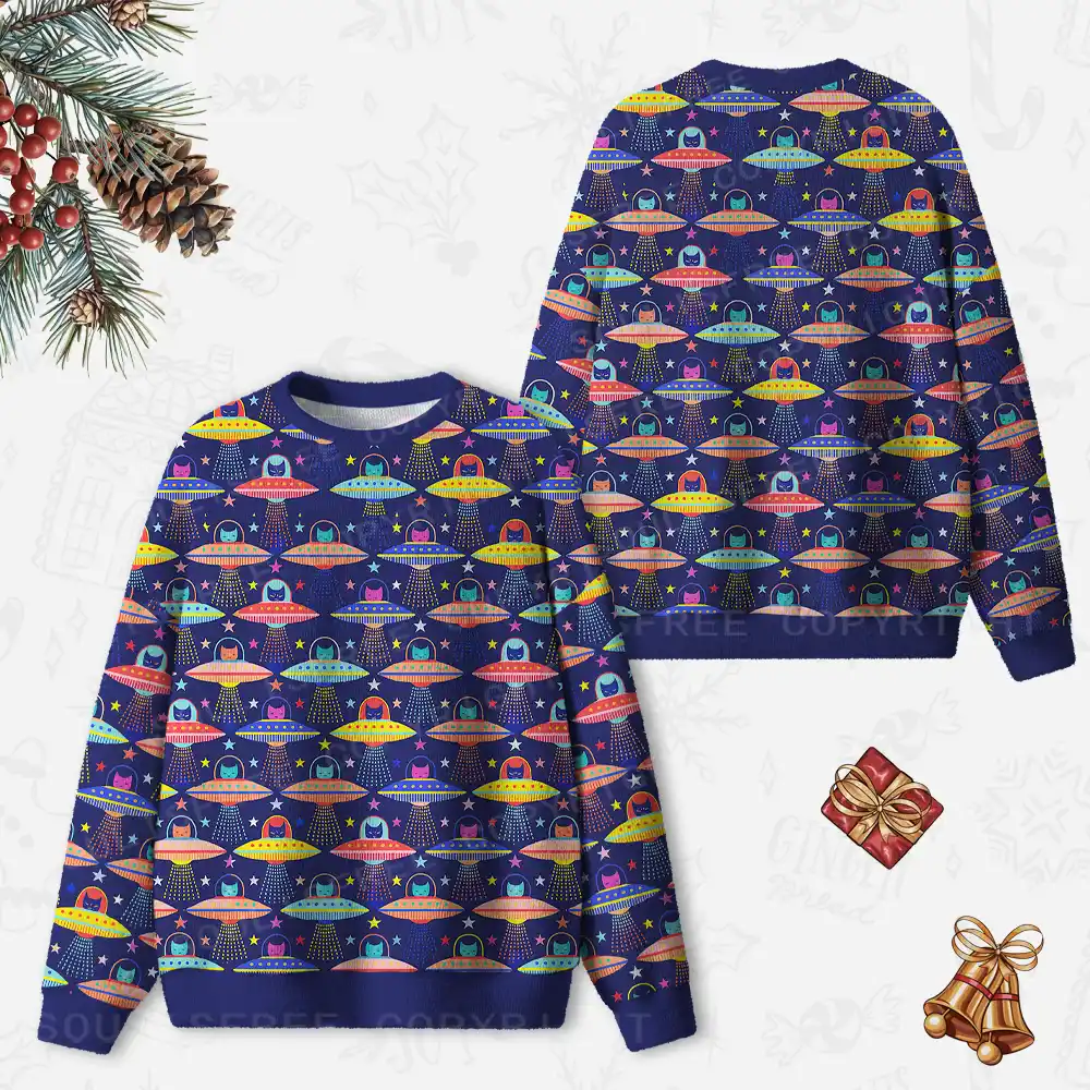 Galactic Kitty Abduction Ugly Christmas Knit Sweatshirt