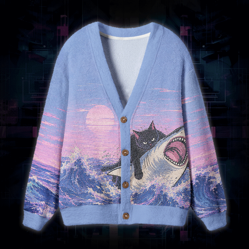 Soulisfree Fat Cat Vs Shark Fuzzy Cardigan Sweater 