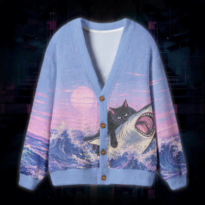 Soulisfree Fat Cat Vs Shark Fuzzy Cardigan Sweater 