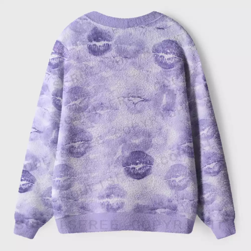 Lavender Lip Print Wash Ugly Cardigan Sweaters