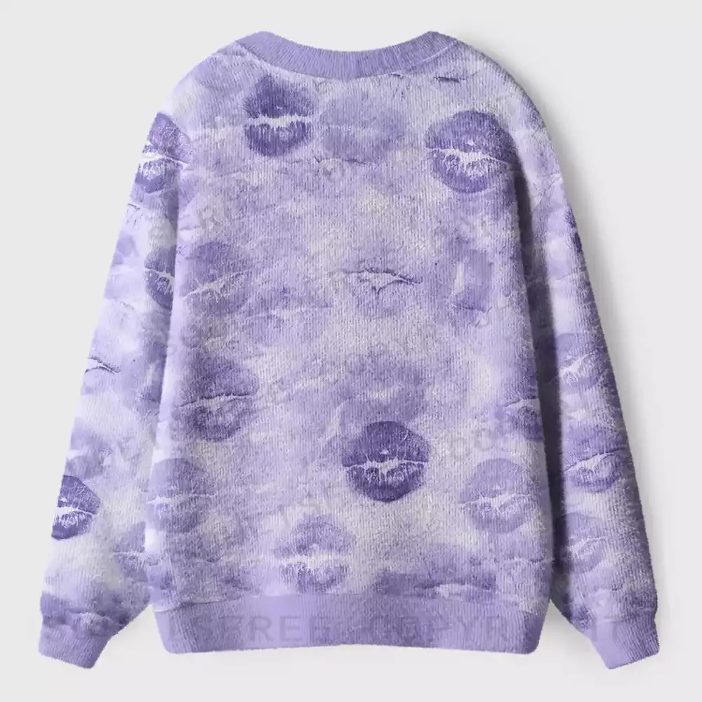 Lavender Lip Print Wash Ugly Cardigan Sweaters