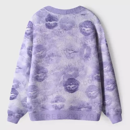 Lavender Lip Print Wash Ugly Cardigan Sweaters