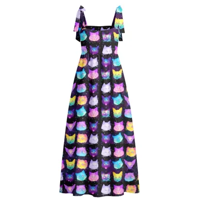 Soulisfree Cosmic Cats Maxi Dress – Bow Strap