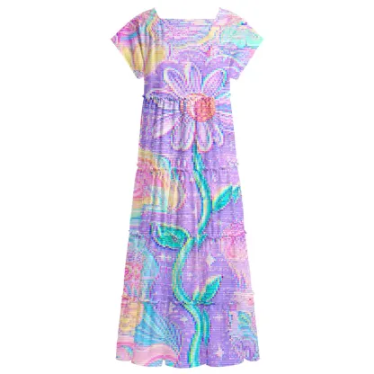 Soulisfree Holographic Rainbow Garden Square Neck Maxi Dress