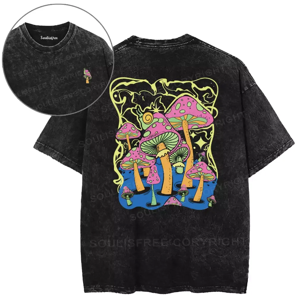Designed Psychedelic Mushroom World Washed T-shirt