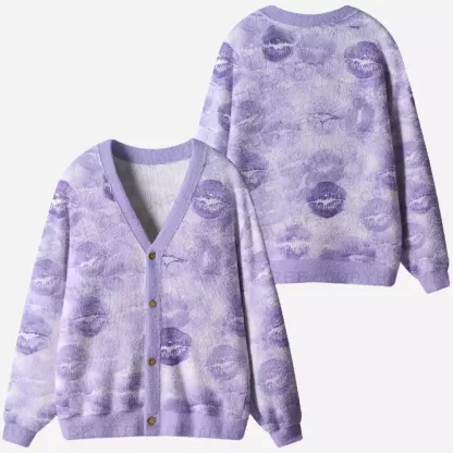 Lavender Lip Print Wash Ugly Cardigan Sweaters