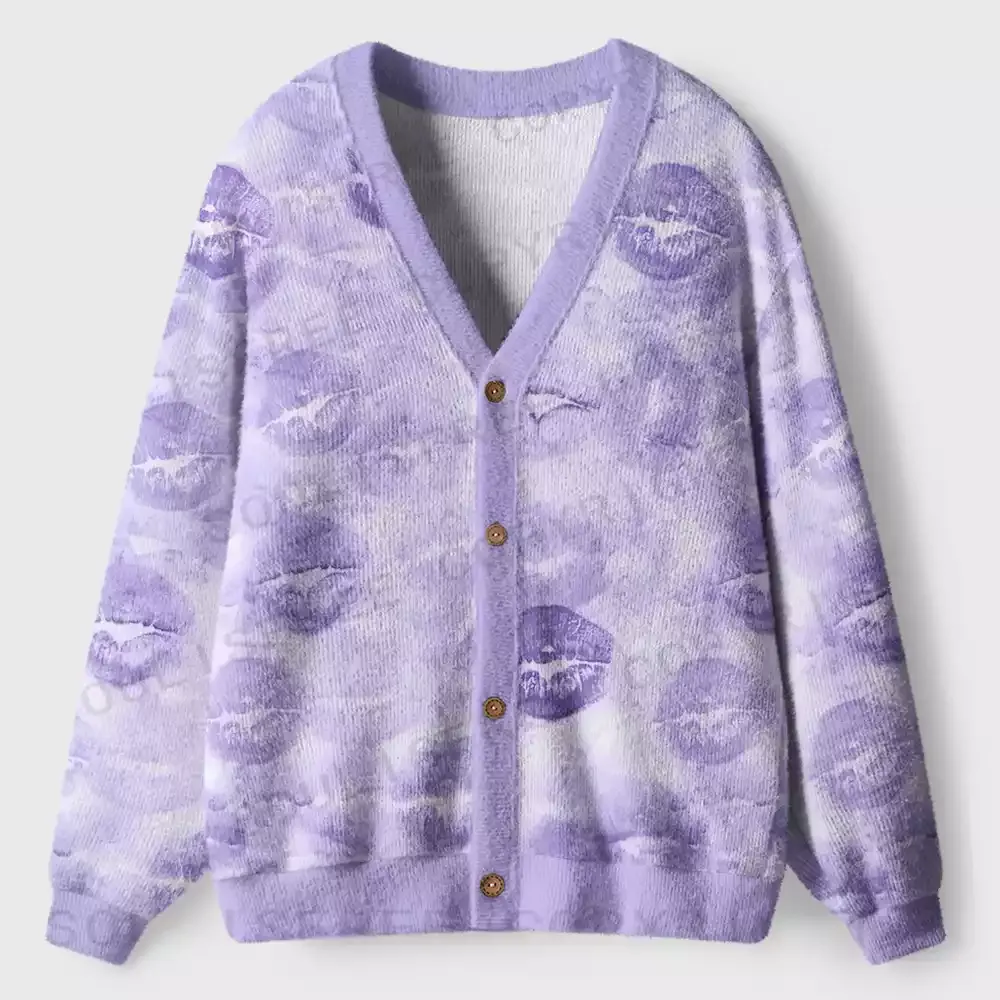 Lavender Lip Print Wash Ugly Cardigan Sweaters