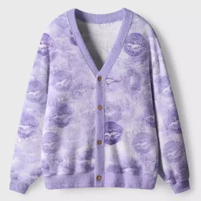 Lavender Lip Print Wash Ugly Cardigan Sweaters