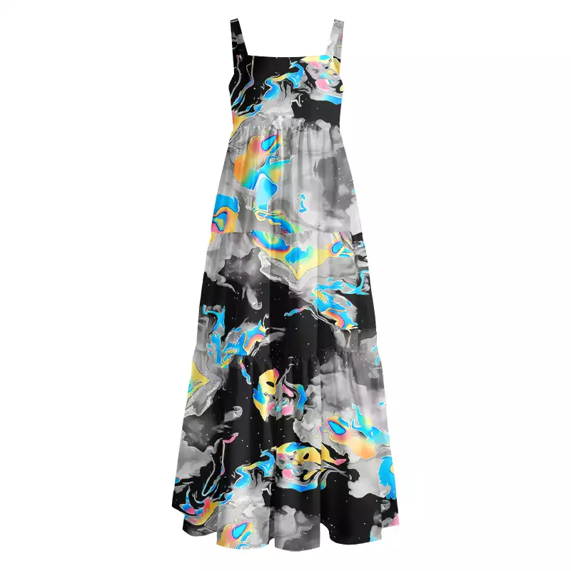 Soulisfree Cyber Iridescent Fluid Swirl Boho Maxi Dress